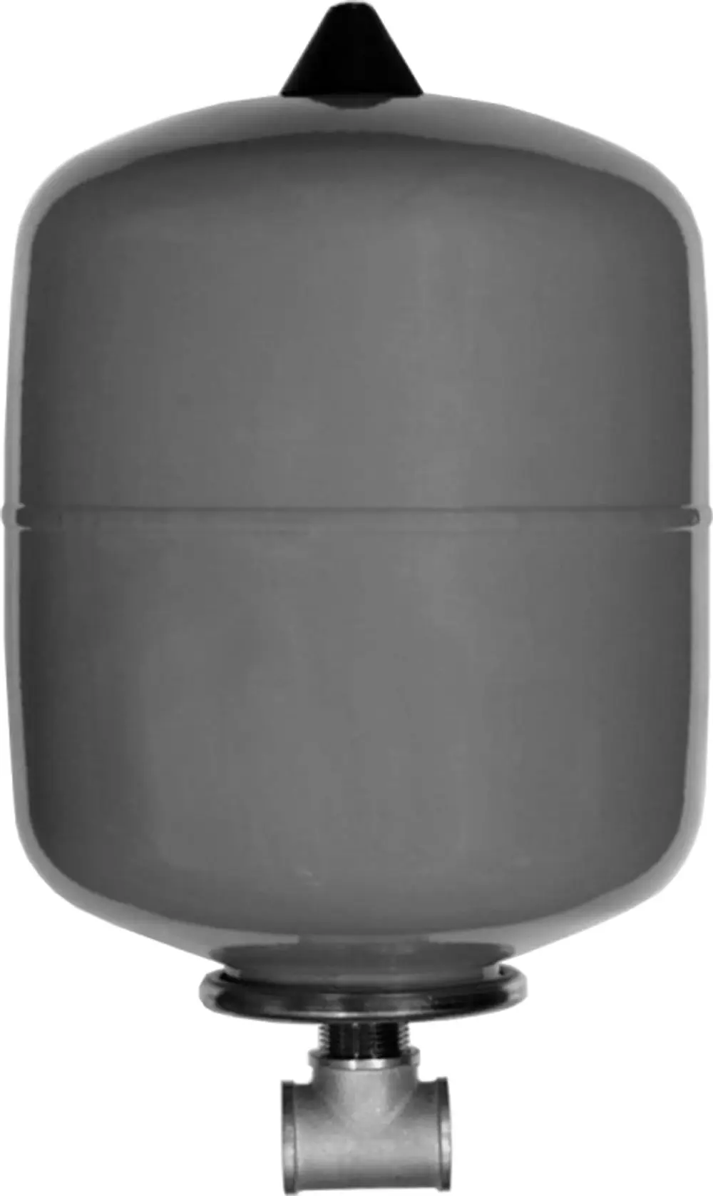 Membran-Ausdehnungsgefäß von Wolf, zylindrische Form mit Anschlussventil, geeignet für Warmwasseranwendungen. Farblich in Grautönen gehalten.
